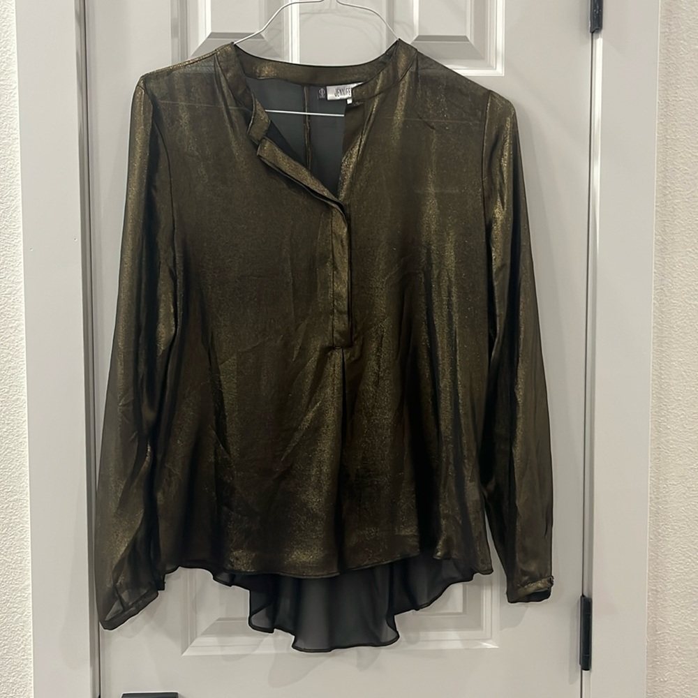 Jennifer Lopez Sheer Metallic Keyhole Blouse Size M
